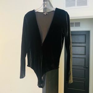 Express Black Velvet Long Sleeve Deep V Bodysuit